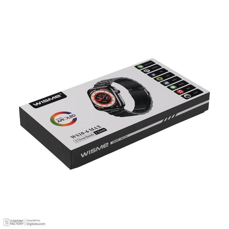 ساعت هوشمند ویزمی مدل WS10-6 MAX دارای قابلیت های صفحه نمایش رنگی، صفحه نمایش لمسی و شمارنده ضربان قلب بند سیلیکونی