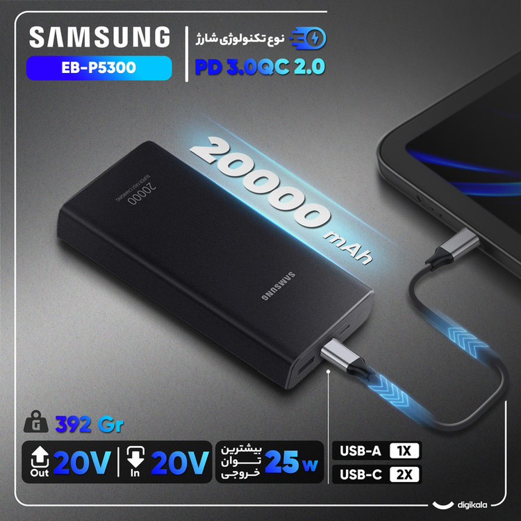 پاوربانک 25 وات سامسونگ مدل EB-P5300 ظرفیت 20000 میلیآمپرساعت / 100 اصلی با گارانتی شرکتی