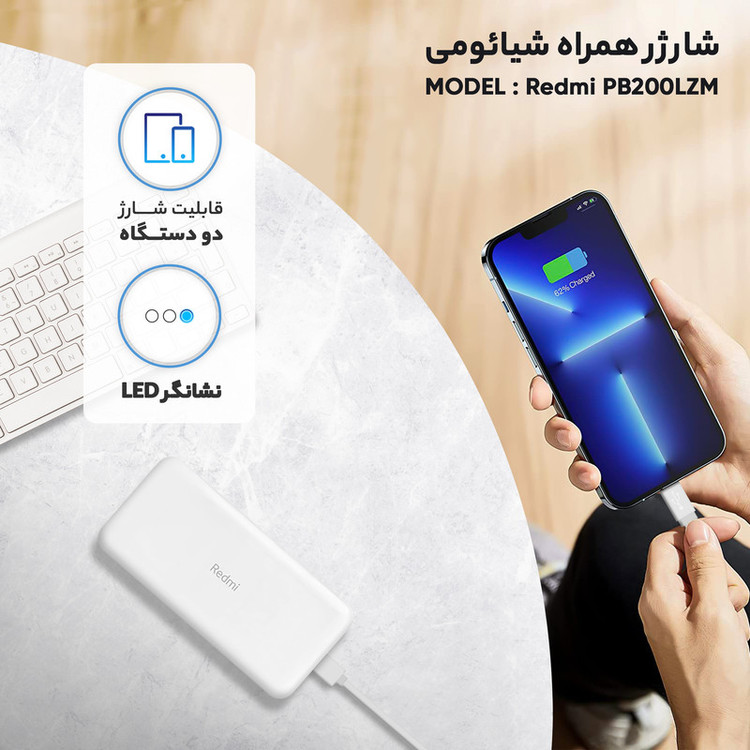 پاوربانک 18 وات شیائومی مدل Redmi PB200LZM ظرفیت 20000 میلی آمپر ساعت ( اصلی ) اورجینال