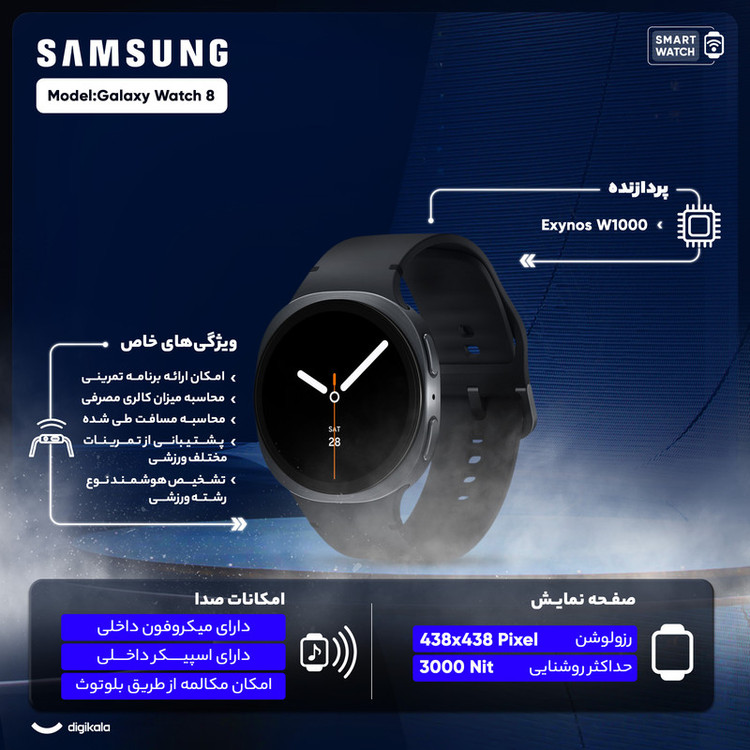 ساعت هوشمند 40 میلیمتری سامسونگ مدل Galaxy Watch 8 با بند پلاستیکی(L320)