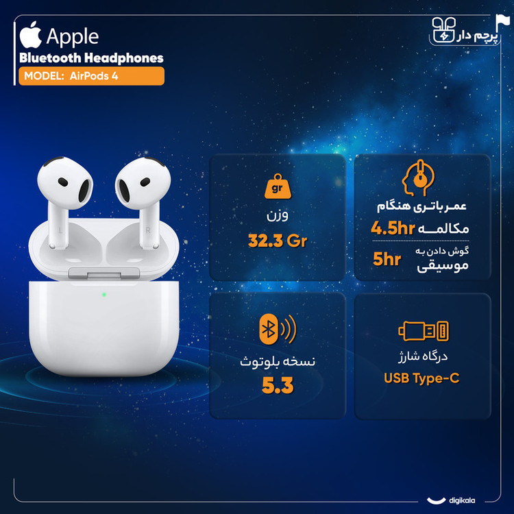 هدفون بلوتوثی اپل مدل AirPods 4 فاقد قابلیت نویز کنسلینگ، درگاه شارژ USB Type-C،