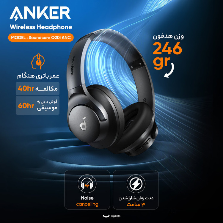 هدفون بلوتوثی انکر مدل Soundcore Q20i A3004 با نویز کنسلینگ فعال (ANC)، اصل